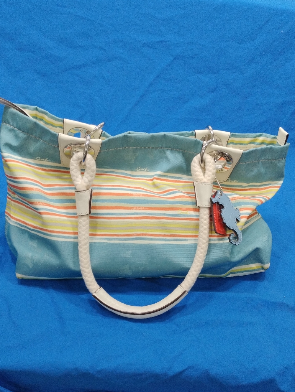 Vintage COACH Nautical East West Beach Tote Bag F16624 Summer Purse Stripe